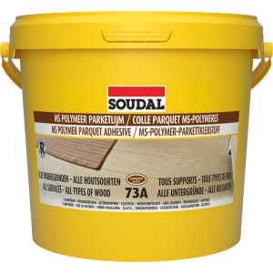 Gelber Eimer Soudal MS-Polymer Parkettklebstoff 73A, 7 kg. Lösemittelfreier, elastischer Kleber.