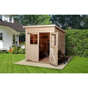 Abri de jardin en bois brut avec toit monopente, 200x198 cm, avec double porte ouverte dans le jardin.
