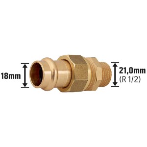 Raccordo a pressare in bronzo rosso, 18 mm x 21 mm (R 1/2), per tubi in rame sanitari.