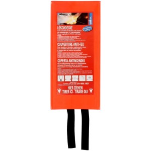 Couverture anti-feu en fibre de verre Unitec 2,16 m² dans support mural rouge. Protection incendie pour cuisine, etc.