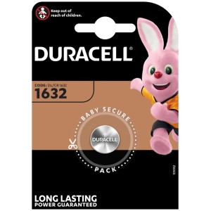 Pila a bottone al litio Duracell CR1632 3V in confezione a prova di bambino.