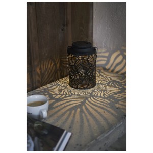 Lanterne solaire LED Leafy noire avec motif de feuilles, lumière blanc chaud, 17 cm de haut, pour l'extérieur.