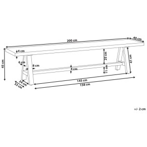 Schema dimensioni panca da giardino Beliani Tonnare. 200x40x45 cm. Legno di acacia e fibrocemento. Arredo esterno.