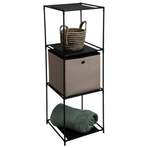 Étagère murale noire en métal avec 4 étagères (34x34x98cm) avec panier, boîte et couverture. Rangement.