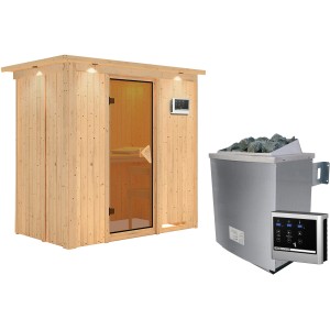 Sauna Karibu Vera con stufa e centralina. Sauna a elementi con porta in vetro e faretti LED.