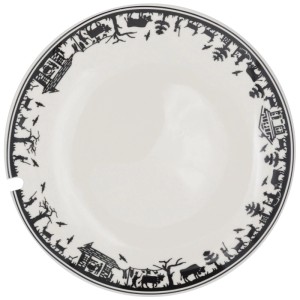 Set piatti fonduta Heidi Cheese Line, 4 piatti in ceramica con decoro alpino e supporto forchetta.