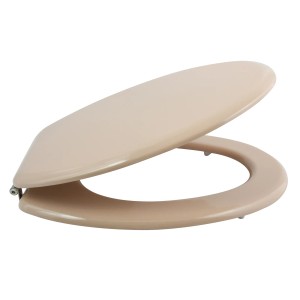 Abattant WC beige MSV Cleo en MDF avec charnières en acier inoxydable, vue latérale.