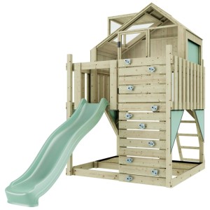 Maisonnette en bois OutdoorToys Meteorit Mint avec toboggan et mur d'escalade.