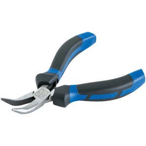 Pinza a becco LUX-Tools, piegata, 120 mm, con manici blu e neri per tenere, piegare e afferrare.