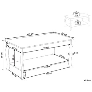 Schizzo: Tavolino da caffè bianco Beliani Hartford con ripiano, dimensioni 50x101x55 cm.