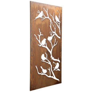 Paravent en acier rouille Nouvel Birdie, 200x100 cm, motif oiseaux.