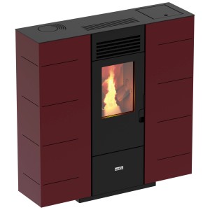 Poêle à granulés Ecofox Orione 6 Bordeaux, 6,53 kW. Poêle à granulés moderne rouge bordeaux avec cadre noir et fenêtre.