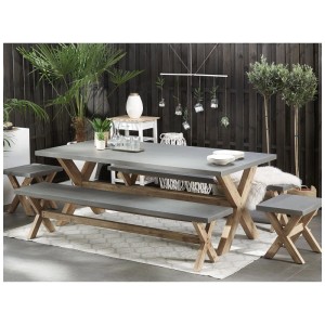 Banc de jardin Olbia en fibrociment gris et bois d'acacia, design industriel, partie d'un ensemble.