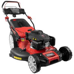Tagliaerba Güde Big Wheeler 554.3 R, un tagliaerba a benzina rosso con ampio cesto di raccolta.