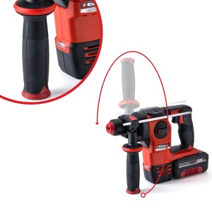 Perforateur sans fil Einhell Herocco Solo, boîtier rouge avec poignée auxiliaire et mallette.