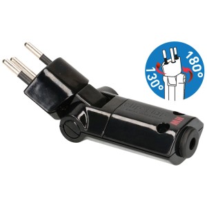 Schwarzer, drehbarer Clip-Clap Winkelstecker Typ 12, wiederanschliessbar und klappbar.