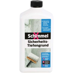 Schimmel X Fondo di sicurezza 1 l in contenitore di plastica bianca con informazioni sul prodotto.