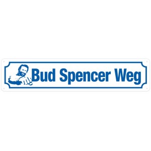 Cartello stradale "Bud Spencer Weg" 10x46cm, blu e bianco con motivo Bud Spencer.