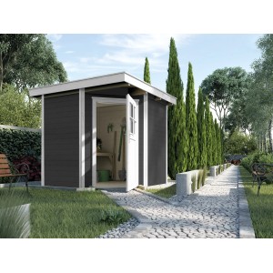 Casetta da giardino in legno weka Angolo A color antracite con tetto piatto e porta aperta in ambiente giardino.