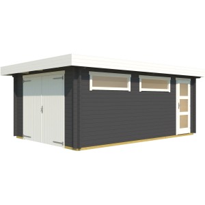 Garage singola in legno grigio grafite con porta in legno e finestre, 360x540 cm.