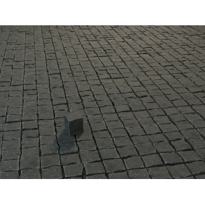 Pavés basaltiques gris clair (9x9 cm) posés pour l'extérieur.