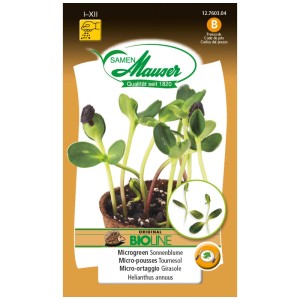 Sementi Mauser Bio-Microgreen Girasole, confezione con giovani piante di girasole.