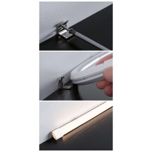 Montage des Paulmann SimpLED Delta LED-Bands: Halteclip anbringen, LED-Band einklipsen, warmweisses Licht.