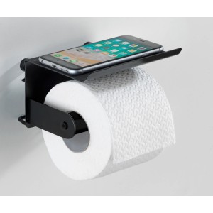 Porta carta igienica nero Wenko con ripiano per cellulare e rotolo di carta igienica.
