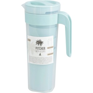 Carafe bleu clair avec 4 gobelets en polypropylène, vaisselle moderne pour boissons.