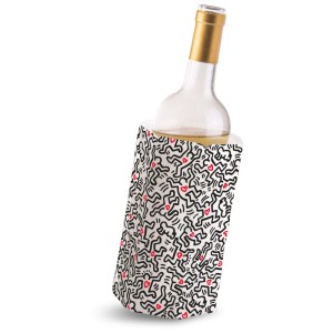 Vacu Vin Kühlmanschette Keith Haring mit Flasche. Küchenhelfer mit Muster aus Strichmännchen und Herzen.