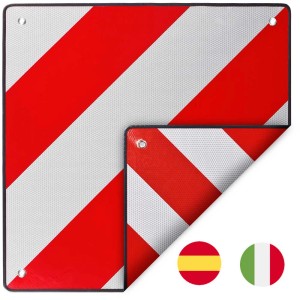 Warntafel 2in1 für Italien und Spanien, 50x50 cm, reflektierend mit rot-weissen Streifen.