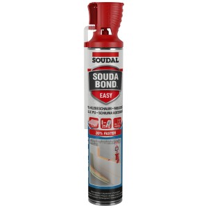 Soudal Soudabond Easy colle PU, aérosol de 750ml avec applicateur rouge. Idéal pour panneaux isolants et plaques de plâtre.