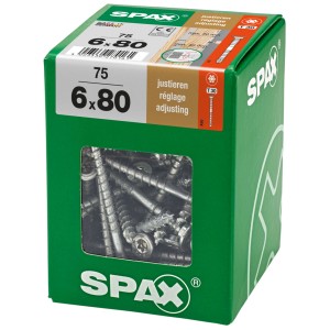 Viti di regolazione Spax 6x80 mm in scatola verde (75 pz) con testa piatta e alette di fissaggio.