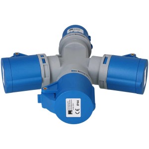 Distributeur en étoile CEE bleu avec 1 fiche et 3 prises, 230V, IP44 pour usage extérieur.