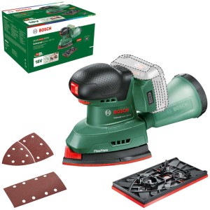 Bosch Akku-Multischleifer UniSander 18V-10 ohne Akku mit Schleifplatten und Staubbox.