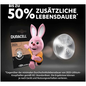 Duracell CR2025 pile a bottone al litio, confezione da 2 con sicurezza bambini e fino al 50% di durata extra.