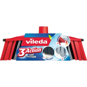 Balai Vileda 3 Action avec poils rouges, gris et noirs pour poussière, miettes et cheveux.