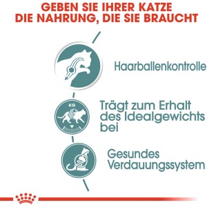 Grafik: Royal Canin Katzenfutter Hairball Care – reduziert Haarballen, unterstützt Idealgewicht und Verdauung.
