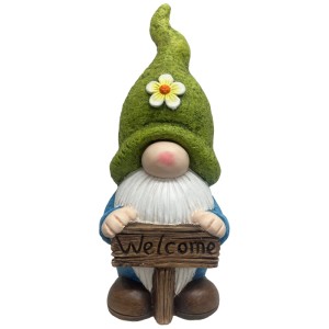 Garten Wichtel mit Welcome Schild, 41,5 cm hoch, aus Magnesia. Gartendekoration.