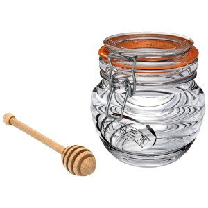 Barattolo per miele Kilner (400 ml) con cucchiaino in legno per conservare il miele con stile.