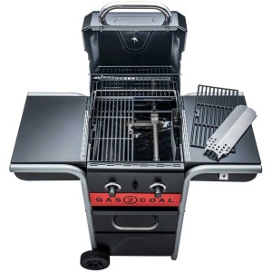 Char-Broil Gas2Coal 2.0 210 grill ibrido con 2 bruciatori, aperto, con vassoio per carbone e tavolo laterale.