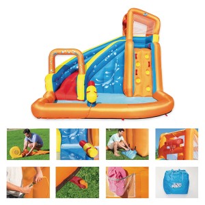 Parc aquatique gonflable Zone aquatique avec toboggan, mur d'escalade et piscine.
