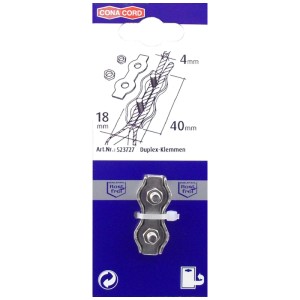 Verpackung einer Duplex-Klemme (4 mm) aus Edelstahl für sichere Seilverbindungen.