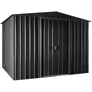 Abri de jardin en métal anthracite Plus 10x8 avec porte coulissante, idéal pour ranger les outils de jardin.