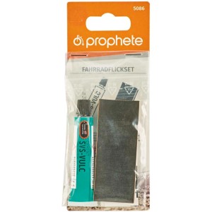Kit de réparation Prophete, 4 pièces : solution de vulcanisation et rustines pour pneus de vélo.