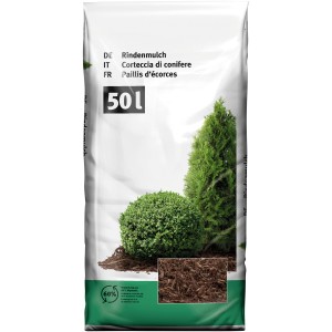 Sacco di pacciame di corteccia (50 l) con immagine di piante e pacciame.