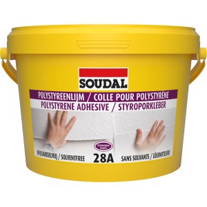 Secchio giallo di Soudal Styroporkleber 28A, 5 kg, pronto all'uso e senza solventi.