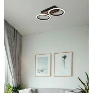 Plafonnier LED moderne Blevins noir/aspect bois avec deux anneaux (15W).