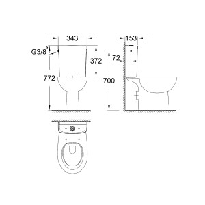 Disegno tecnico: cassetta di risciacquo Grohe Bau Keramik con dimensioni per l'installazione.