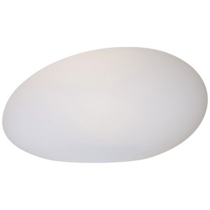Lampe décorative solaire LED Globy blanche en forme de pierre, adaptée à une utilisation intérieure et extérieure.